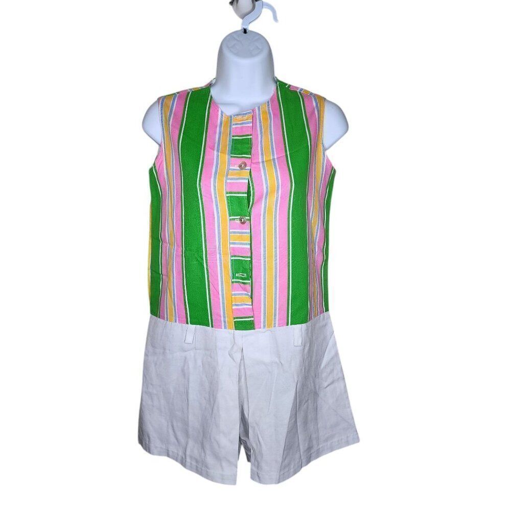 Vintage 60s Sleeveless Striped Shorts Romper Womens Size S Green Pink